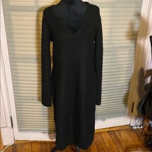 Black V-Neck Sheath Dress Long Sleeve. Rib knit.
